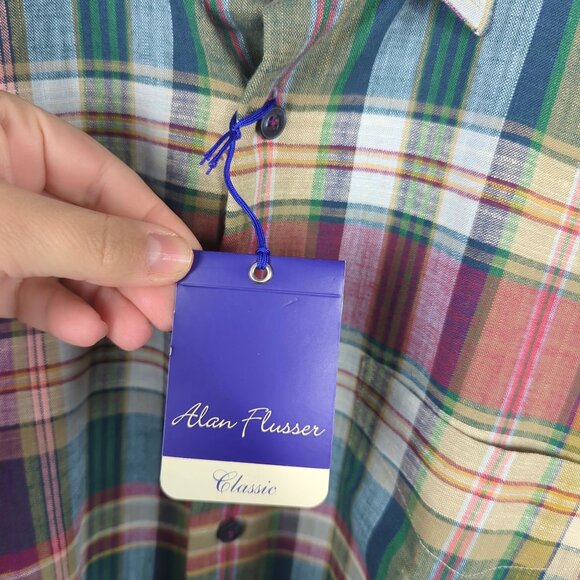 Alan Flusser Button Down Medium Plaid Green NWT - Picture 9 of 9